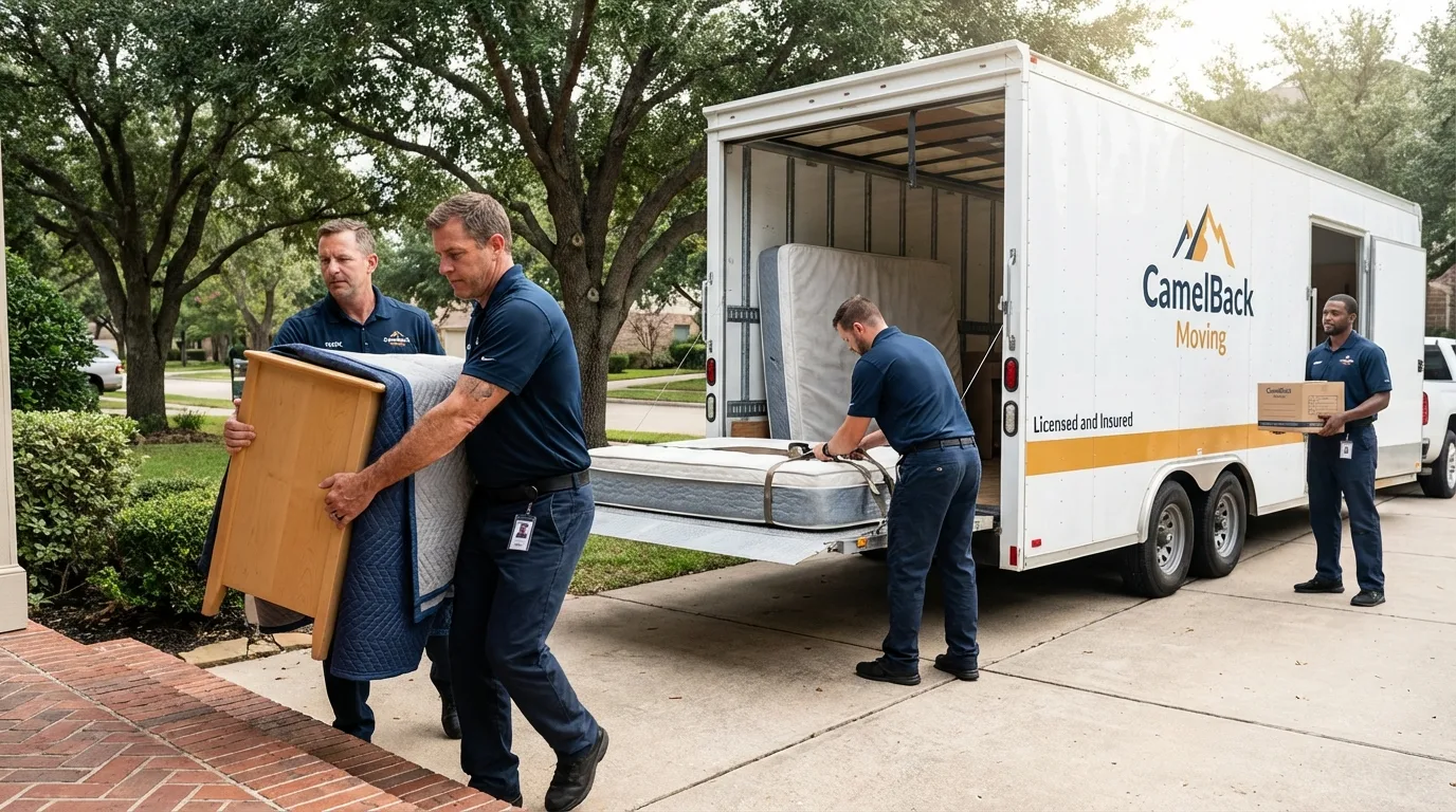 Crew loading residential truck for cross-state move from Indian Wells, CA