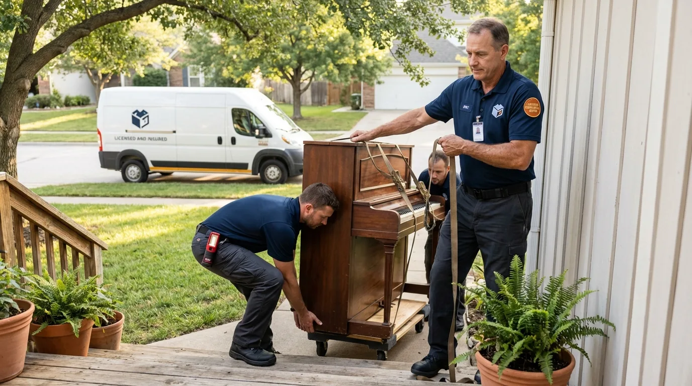 Licensed piano movers securing grand piano in Indian Wells, CA