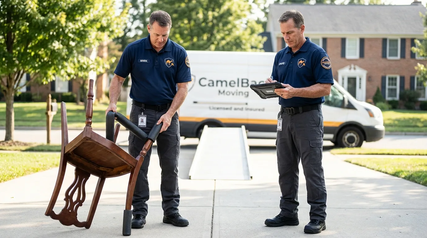 Movers inspecting furniture for damage prevention before loading in Indian Wells, CA