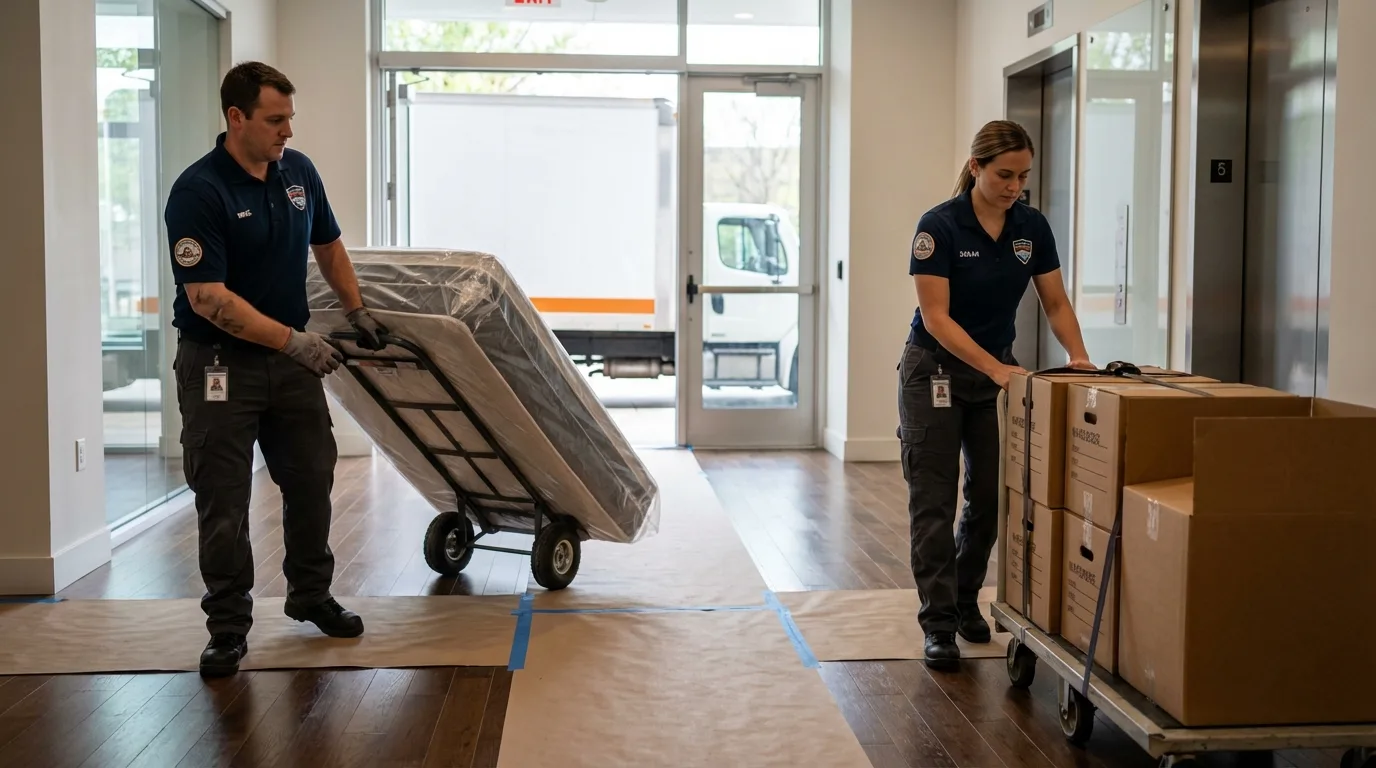 Professional apartment movers loading elevator in Indian Wells, CA